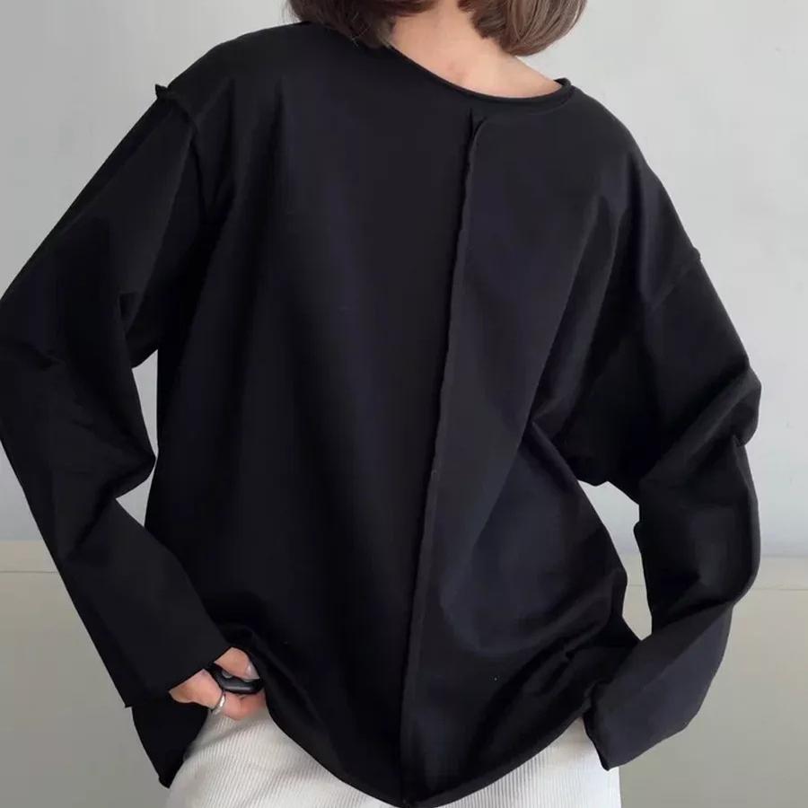 

Женские свободные футболки с длинным рукавом, базовые футболки с круглым вырезом, весенние и осенние толстовки, повседневные, для тренировок, модные, однотонные, хлопковые пуловеры, топы для женщин L/XL чёрный