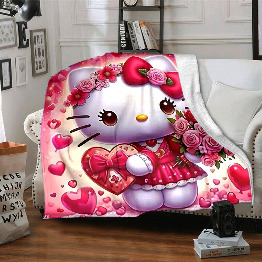1pc Hello Kitty, Flowers blanket Lightweight Flannel Throw for Sofa Bed Travel Camping Livingroom Office Couch Chair