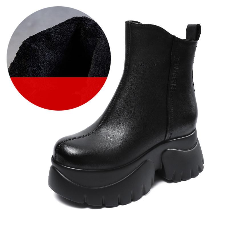 Johnature Round Toe Thick Soled Short Boots Genuine Leather High Heels Vintage Women's Platform Boots