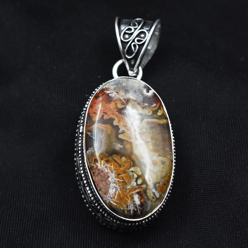 Oval Cut 78.80 Ct Lace Agate Pendant Healing Stone 925 Silver Gemstone CERTIFIED AR-1693-S
