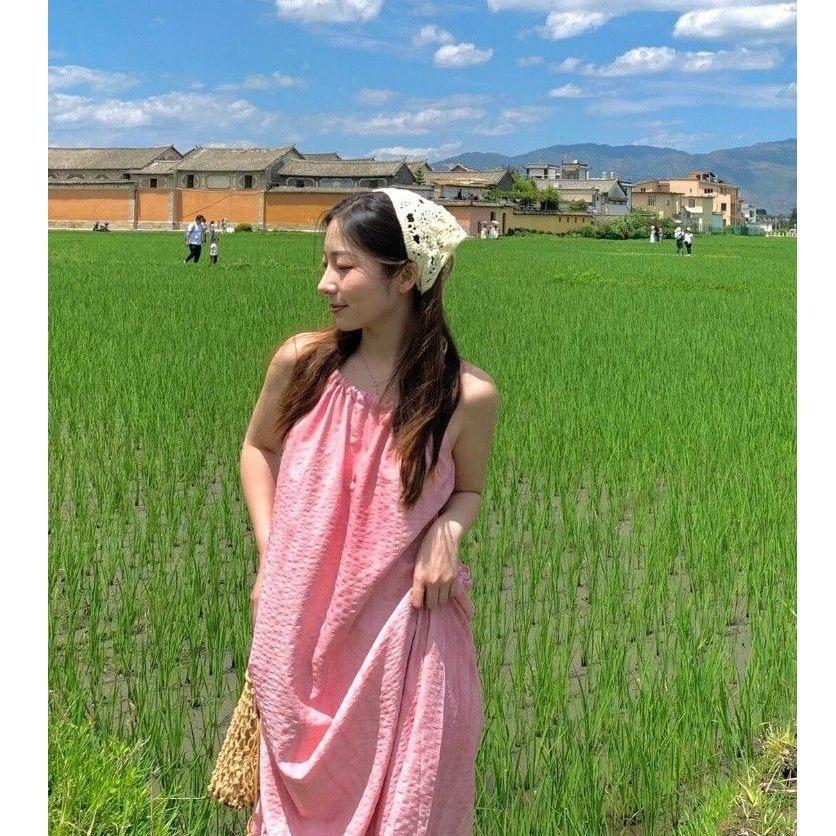 

Pink suspender long dress women s summer new seaside vacation beach dress neck design niche skirt 2XL рожевий