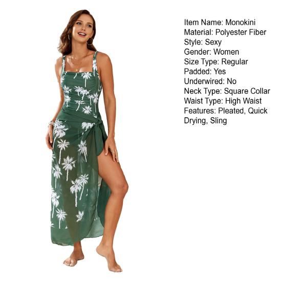 2Pcs/Set Women Sling Square Collar Pleated Monokini with Slim-Fit Cover Up Dress Quick Drying