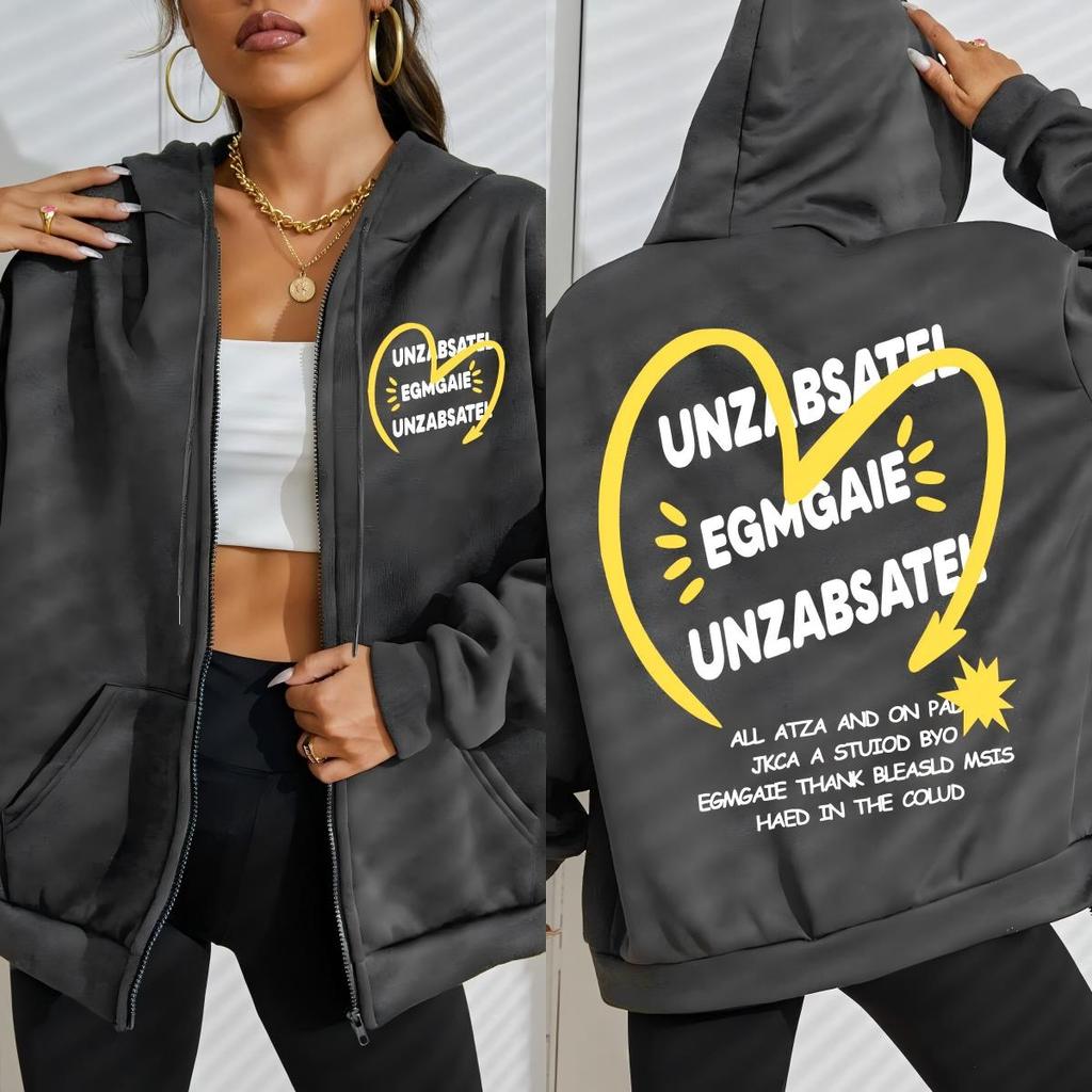 Yellow Heart Art Letter Design Women Zipper Hoodie Fashion Loose Hoody Soft Sportswear Autumn Fleece Female Clothing