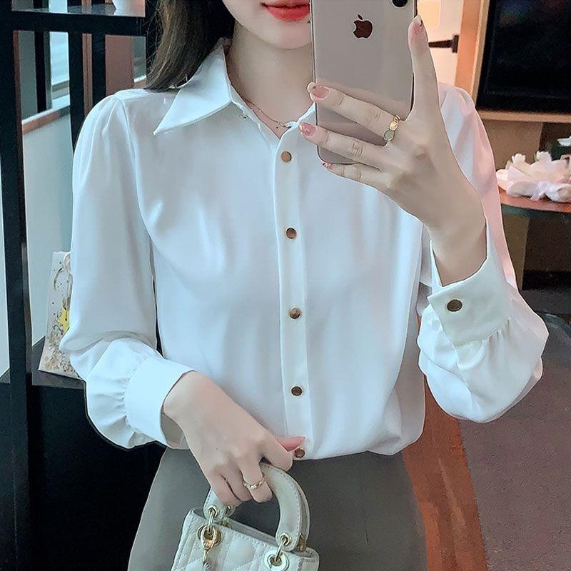 Shirt Women's Long Long Spring and Autumn Shirt Solid Color Slim Loose Bottoming Splicing Design Puff Sleeve Fashionable and Versatile