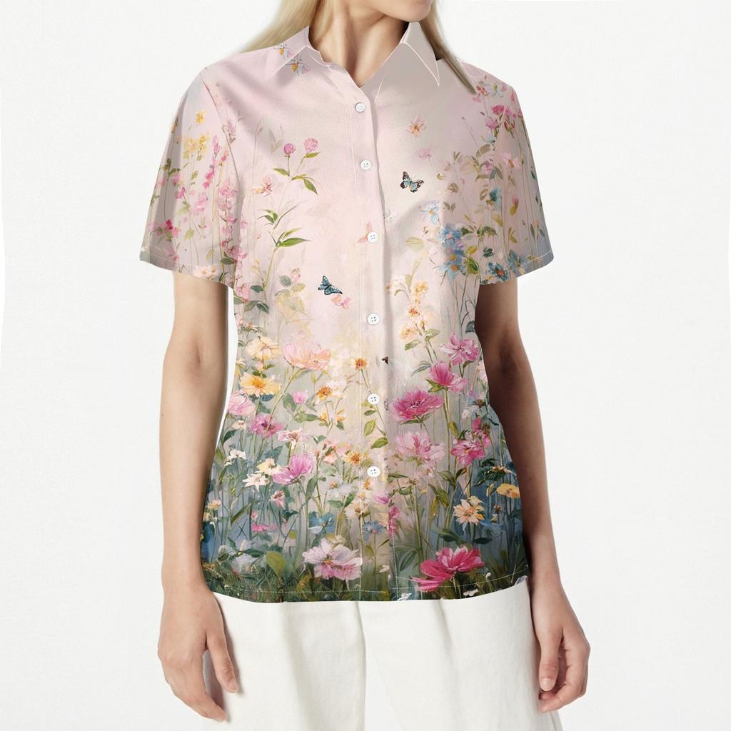 Women's Casual Short Sleeve Button Down Shirt Floral Print Collared Blouse Lightweight Summer Top for Outdoor Everyday Wear