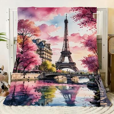 Whimsical Paris Eiffel Tower Watercolor Blanket - Dreamy Cherry Blossom Spring Scene Throw - Soft Cozy Decor for Home, Perfect W