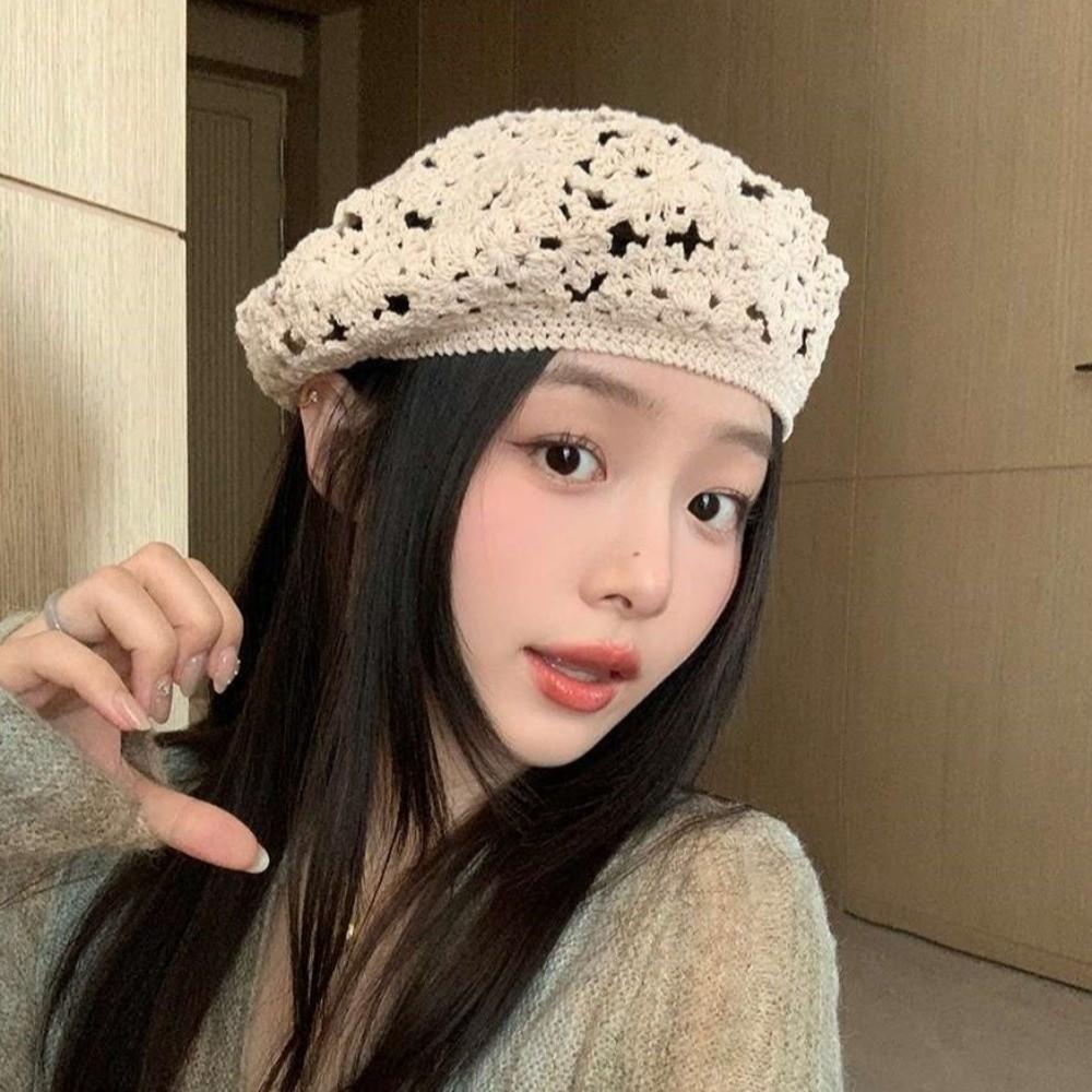 Japanese Style Flower Hat Thin Crochet Knitted Cap Vintage Hollowed Out Beret  Gift