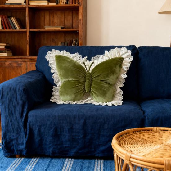 Butterfly Shape Throw Pillow Velvet Butterfly Pillow with Lace Trim Decorative Pillow for Sofa Couch Bedroom Office Decor