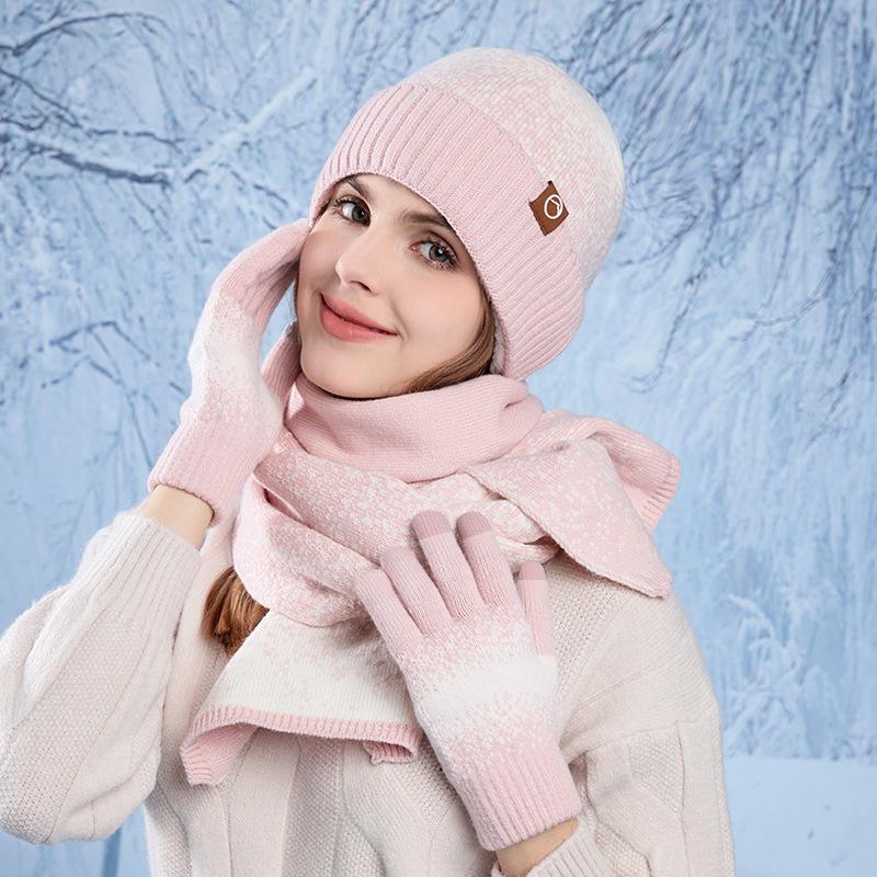 Winter hat, gloves, scarf, three-piece set, outdoor cold-proof and warm pullover hat, fleece ear protector, knitted wool hat for women
