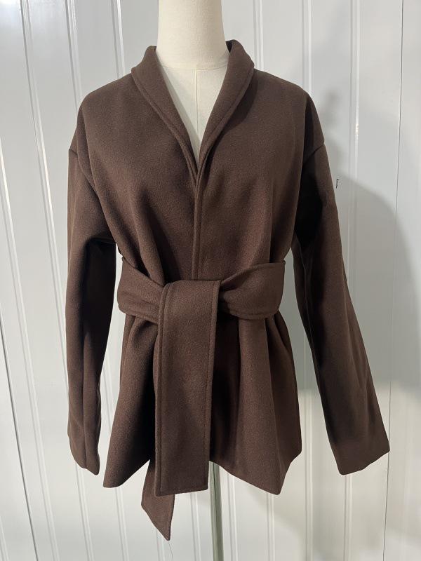 2026 Herbst/Winter Damen Schlankmachender Brauner Wollmantel mit Gürtel