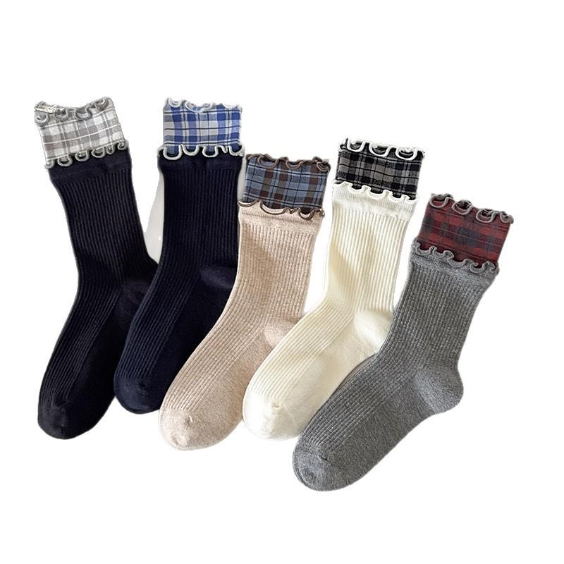 2025 Ruffle Double Layer Ribbed Cotton Plaid Mid-Calf Socks for Women