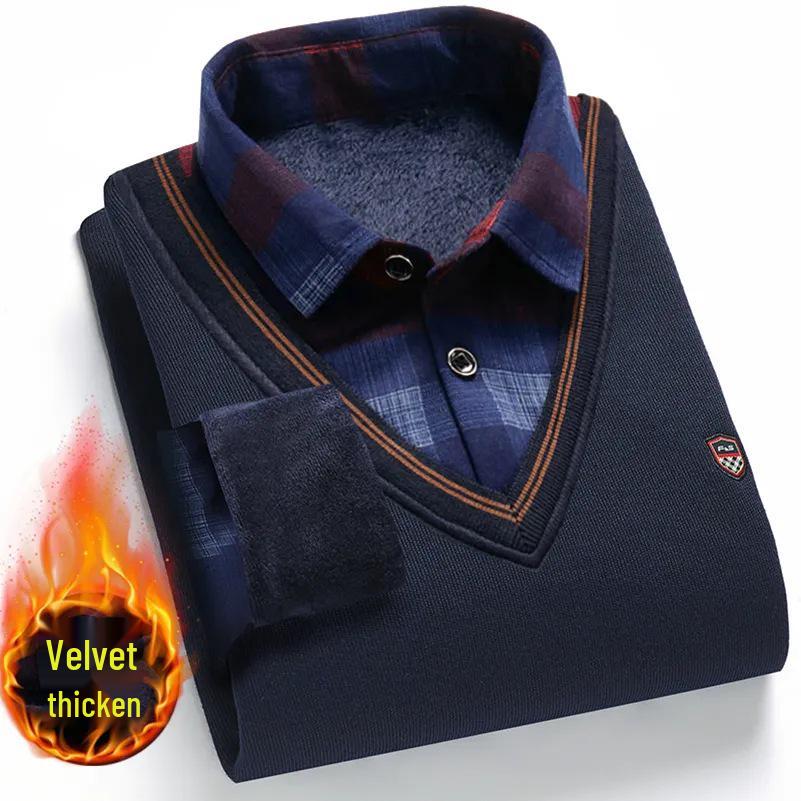 Men's Fleece-Lined Two-Piece Shirt Collar Sweater for Middle-Aged & Elderly