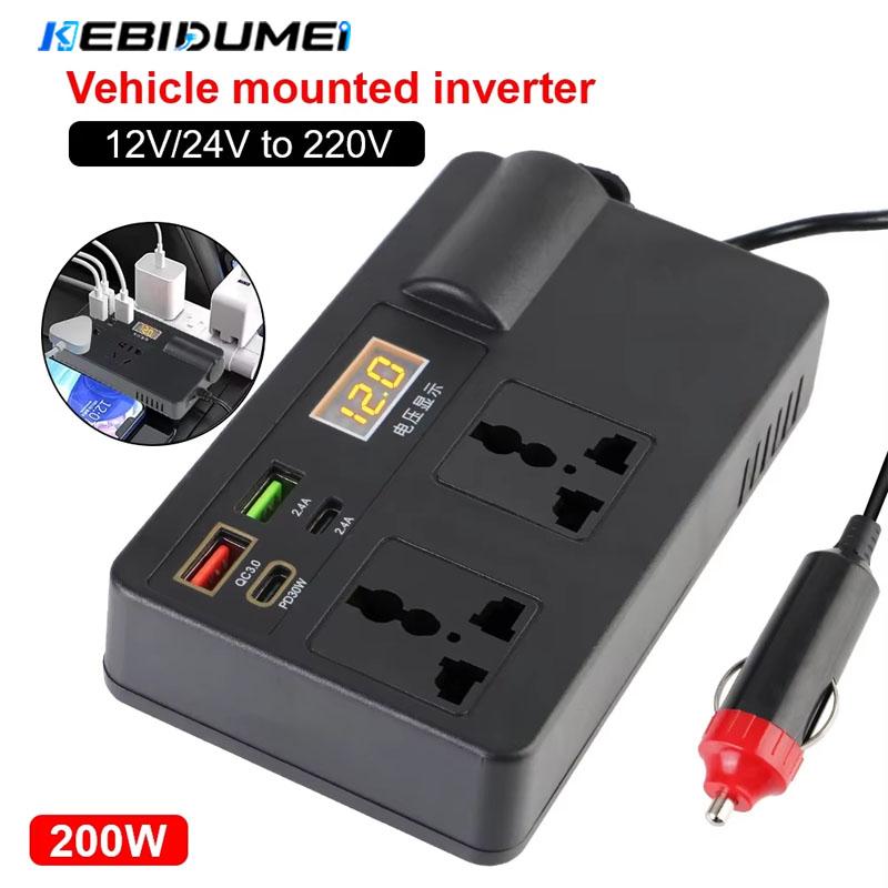 200W Car Inverter Charger DC 12V/24V to AC 220V Converter QC3.0 Type-C USB Chargers AC Socket Car Inverter Voltage Detection Adapter