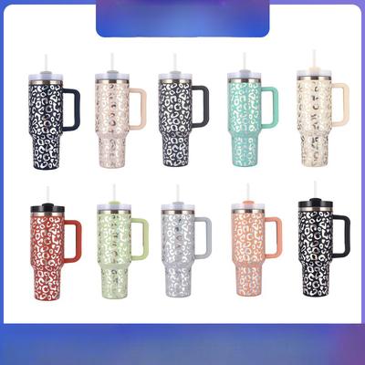 Vattenklistermärke Leopardtryck Termosmugg med Handtag Rostfritt Stål Bilmugg Stor Kapacitet Mugg