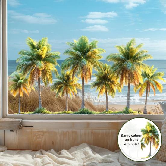 Fake Window Wall Sticker Summer Beach Ocean Coconut Tree Landscape Decal Stick And Peel Natural Seascape Scene Mural