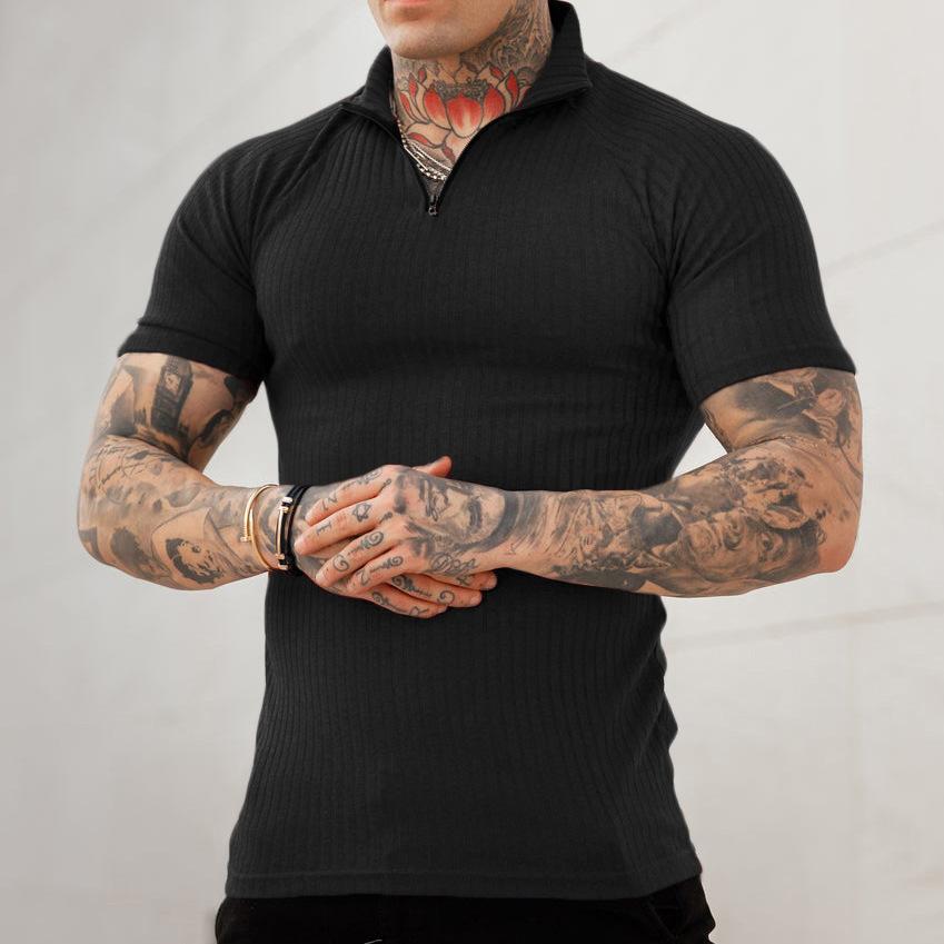 

New Men S Slim Multi-Color Stand-Up Collar Men S Casual Vertical Stripes Short-Sleeved Youth Men S Clothing XXXL чёрный