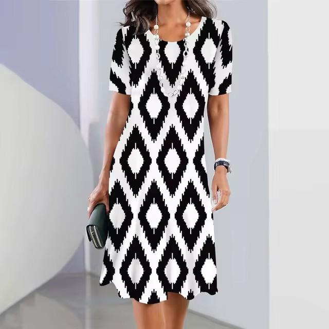 Elegantes Damen-Sommerkleid mit 3D-Geometrie-Streifenmuster, kurzärmelig