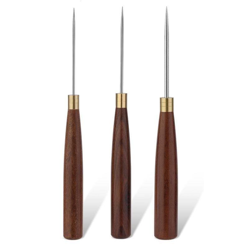 A84E-Leather Sewing Awl With Wooden Handle, 3 Sizes Scratch Awl Tool For DIY Craft, Leather Punching Stitching