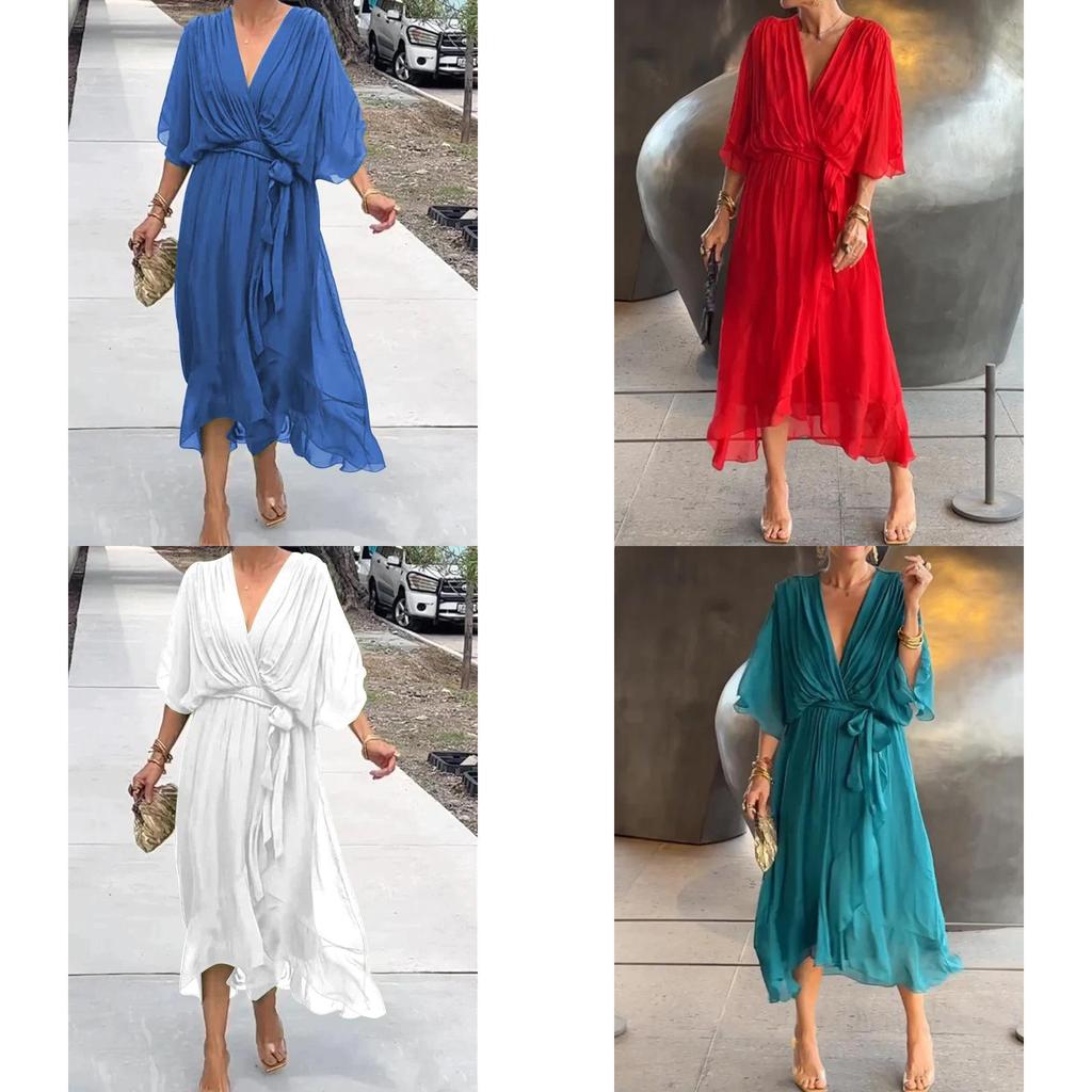 Elegant Summer Maxi Dress With Vneck And Batwing Sleeves For Casual Wear