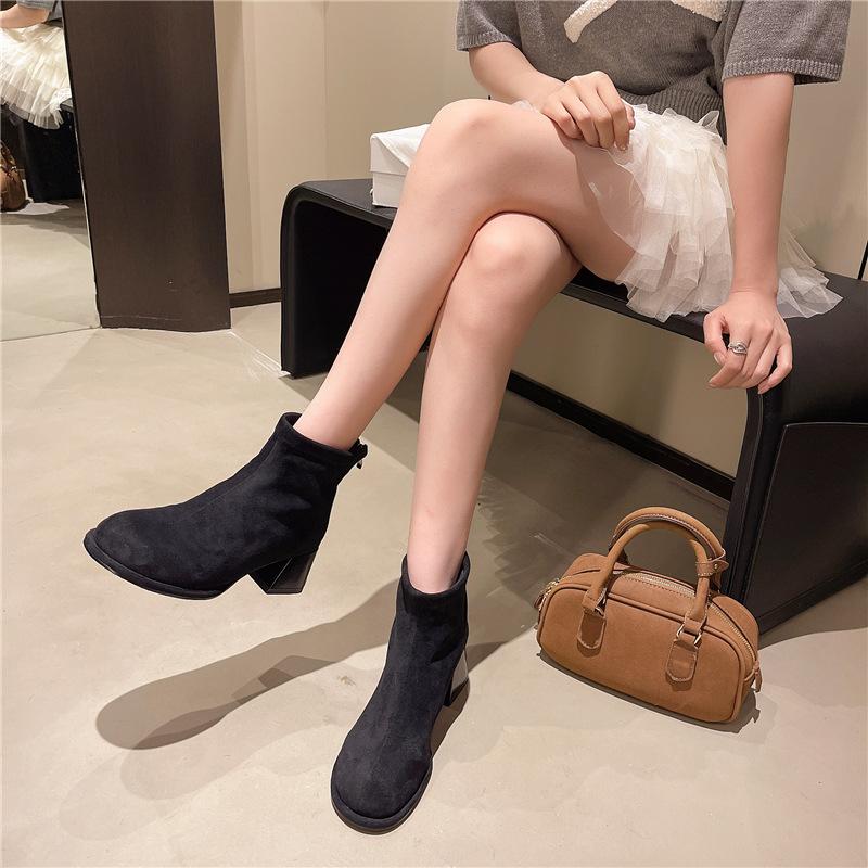8598-2 Suede Skinny Boots Women's Elastic Boots Autumn and Winter New Square Head Thick Middle Heel Boots Back Zipper Elastic Boots