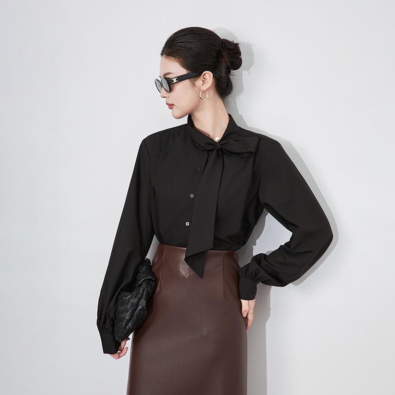 Commuting Coolness Lantern Sleeve Beaded Ribbon Women's Loose Top, Autumn/Winter Style