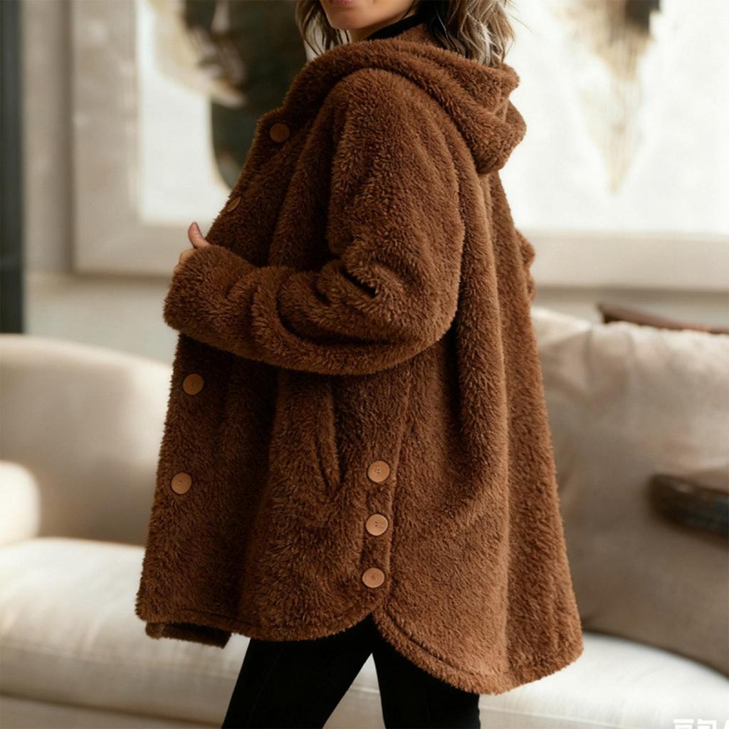 Women's Fashion Fuzzy Color Button Pocket Hooded Long Sleeve Loose Warm Jacket