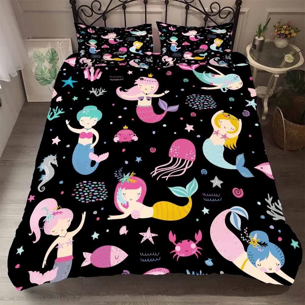 Print Jellyfish,Unicorn 2/3pc Single Kids Black Cartoon Bedding Set Duvet Set With Pillowcases Mermaid Princess BedSet Twin Size