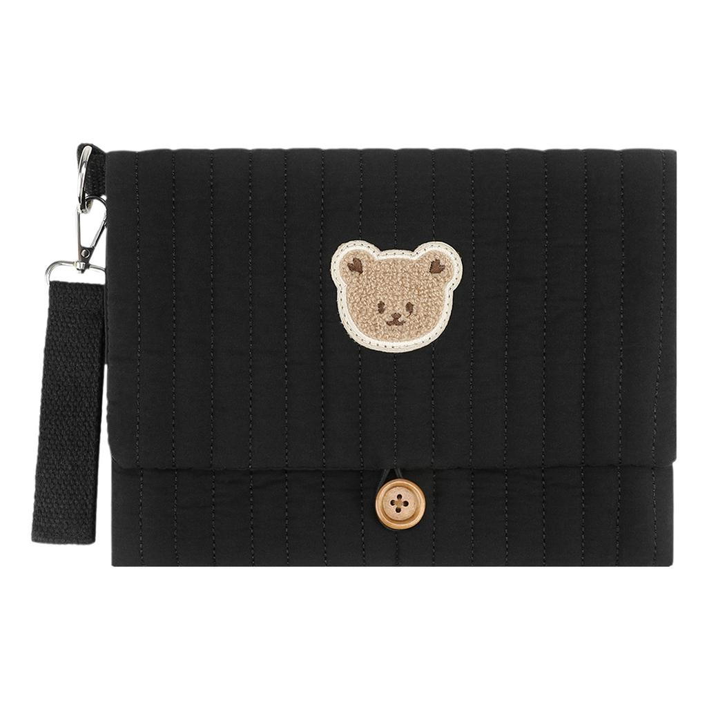 Cute Bear Embroidery Diaper Clutch Bag Foldable Quilted Diaper Pouch Multiple Pockets with Wipes Pocket Travel Essential for Mom