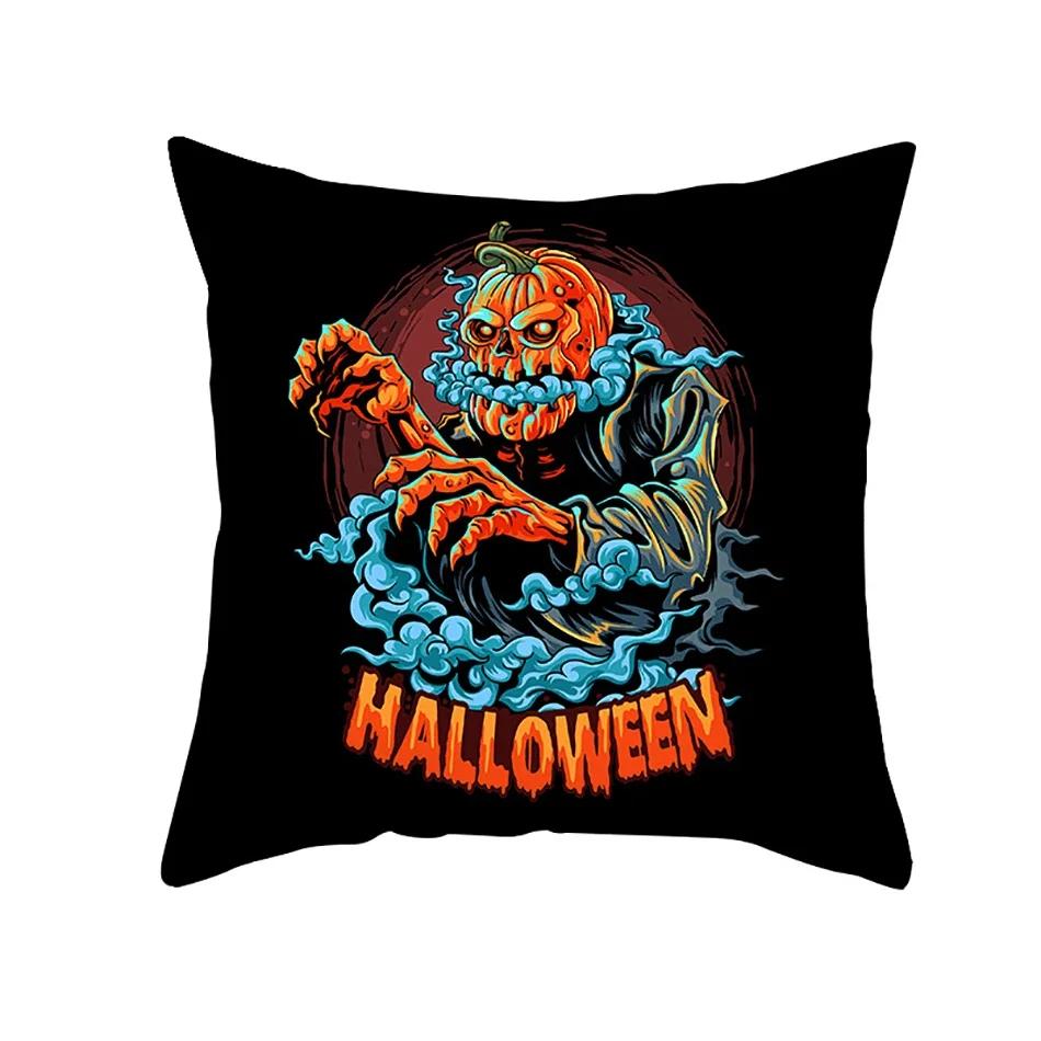 Home Decor Halloween Cushion Cover Skull Cat Scary Pumpkin Bat Castle Print Square Pillowcase Party x Funda de almohada