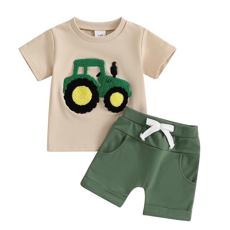 Tenues d'été pour garçons T-shirts à col rond et manches courtes brodés de camions Short à taille élastique Ensemble de 2 pièces