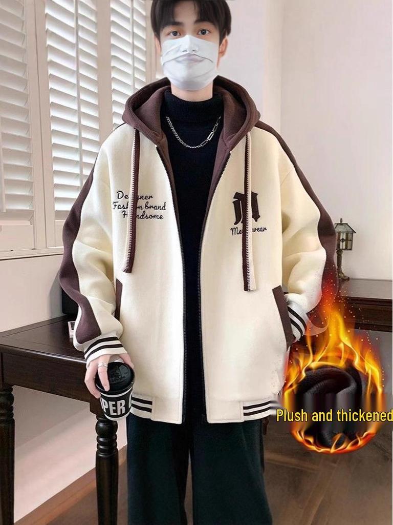Giacca con Cappuccio da Baseball Foderata in Pile per Ragazzi, Perfetta per Autunno/Inverno, Studenti delle Scuole Medie e Superiori, Spessa e alla Moda per Adolescenti e Bambini Più Grandi