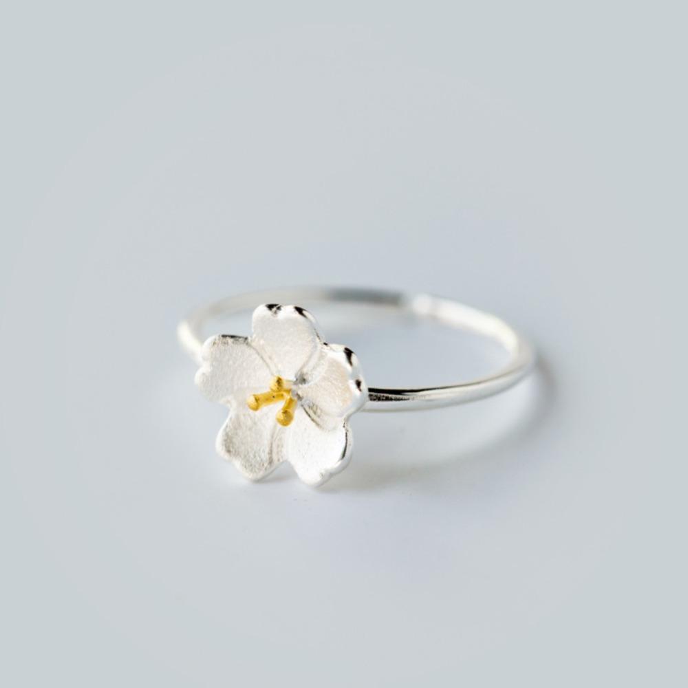 Women Silver Cherry Blossom Ring Open Adjustable Minimalist Classic Jewelry Set Elegant Floral Design