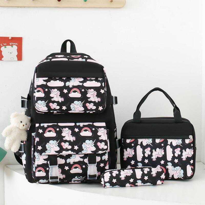 School bag new lightweight nylon backpack female cute cartoon three-piece set primary school students large-capacity school bag, fashionable