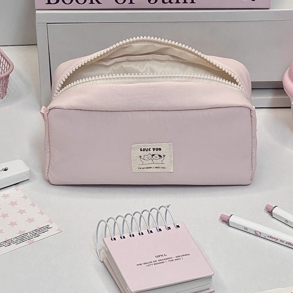 New Solid Color Pen Bag Large Capacity Canvas Pencil Case Gift Cartoon Stationery Bag Students