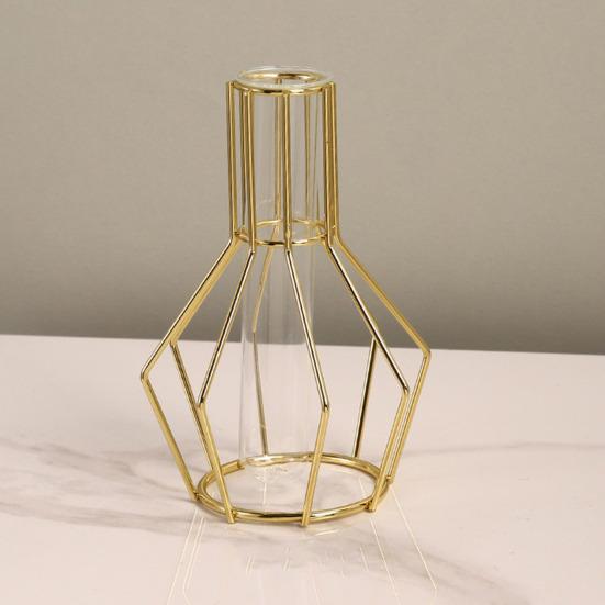 Nordic Simple Glass Clear Vase with Iron Art Frame for Hydroponic Planter Transparent Test Tube Pot Decorative Metal Flower Vase for Table