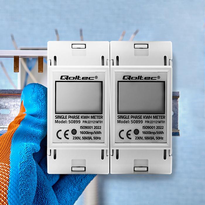 Qoltec Single-phase Electronic Meter | Energy Consumption Meter for DIN Rail | 230V | 60A | LCD | 2P