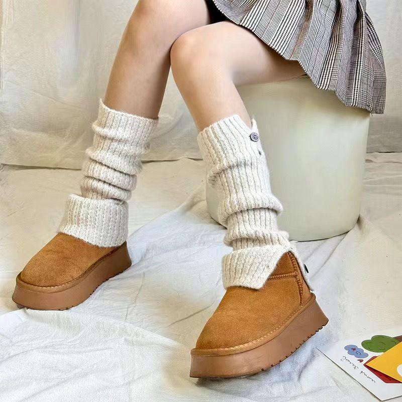 Autumn Winter Solid Color Snow Boot Button Leg Warmers Vintage American Slouchy Leg Warmers Knitted Open JK Patchwork Mid-calf Socks