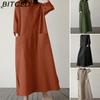 BITCED Women Casual Cotton Long Dress O-Neck 3/4 Sleeves Casual Dresses