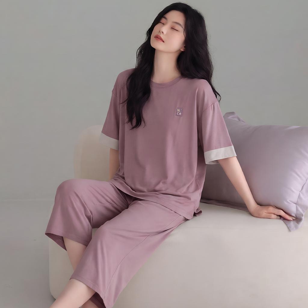 Modal cotton pajamas with chest pads women's summer 1011 simple cool ice silk short-sleeved pants outer wear loungewear set