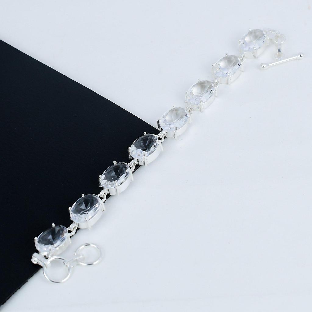 Beautiful White Topaz Gemstone Handmade 925 Sterling Silver Bracelet, Pink Kunzite Bracelet For Wife , Unisex Bracelet Gift For Her