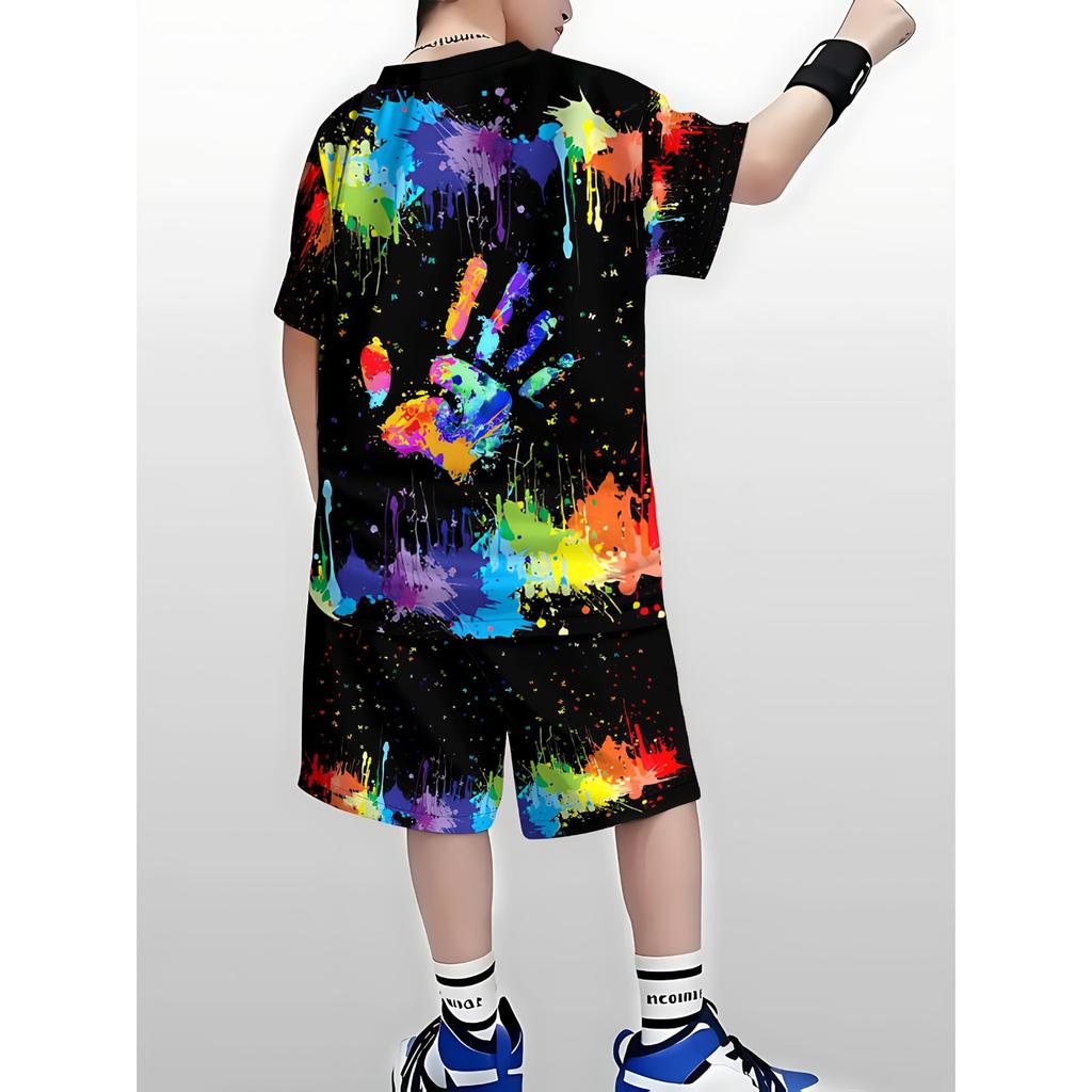 Boys' Set of Fashionable 3D Printed Casual Pullover, Short Sleeved Shorts, T Sports Shirt, Boys' Outdoor T-Shirt Shorts Set, Perfect for Outdoor