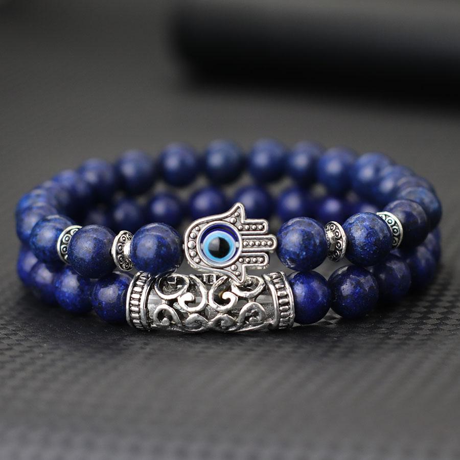 Retro 2Pcs Men Bracelet Set Turkey Evil Eyes Fatima Hand Braslet Natural Lava Sodalite Tiger Eyes Braclet Meditation Accessories