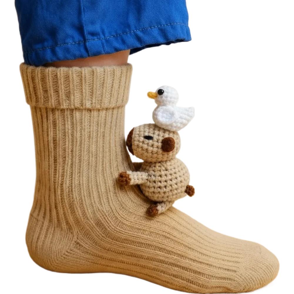 3D Knit Animal Socks Cute Floor Socks Hand Crocheted Double Layer Warm Sock with Cute Rabbit Panda Animals Christmas Gifts