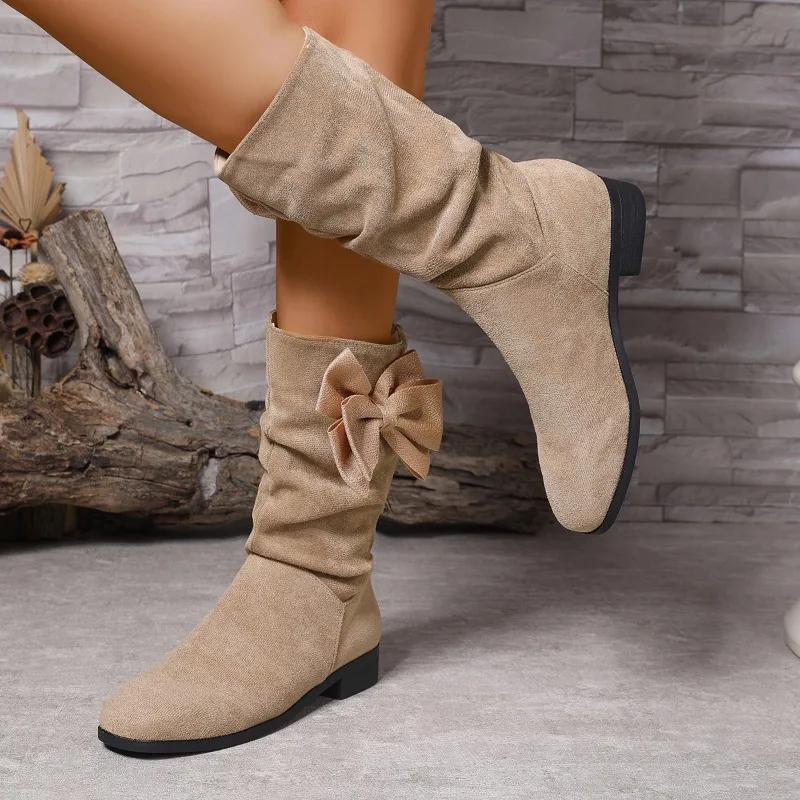 Fashion Ladies Shoes 2025 Fashion Slip-on Women's Boots New Butterfly-knot Modern Boots Women Winter Plus Size Mid-Calf Boots Zapatos