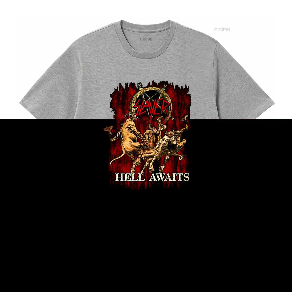 SLAYER Hell Awaits T Shirt Heavy Metal Band Design for Rock Fans Vintage Washed Designer Clothes Slightly Streetwear Homme