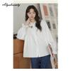 2026 Japanese Mori Girl Plus Size Women Shirt Ruffled Collar Ribbon Floral Embroidery White Oversized Blouse Casual Loose Baggy Basic Top
