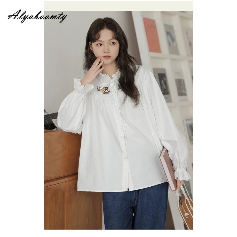 2026 Japanese Mori Girl Plus Size Women Shirt Ruffled Collar Ribbon Floral Embroidery White Oversized Blouse Casual Loose Baggy Basic Top