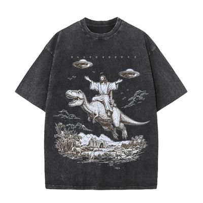 Jesus Riding Dinosaur UFO Print Vintage Washed Black T Shirt Streetwear Tee