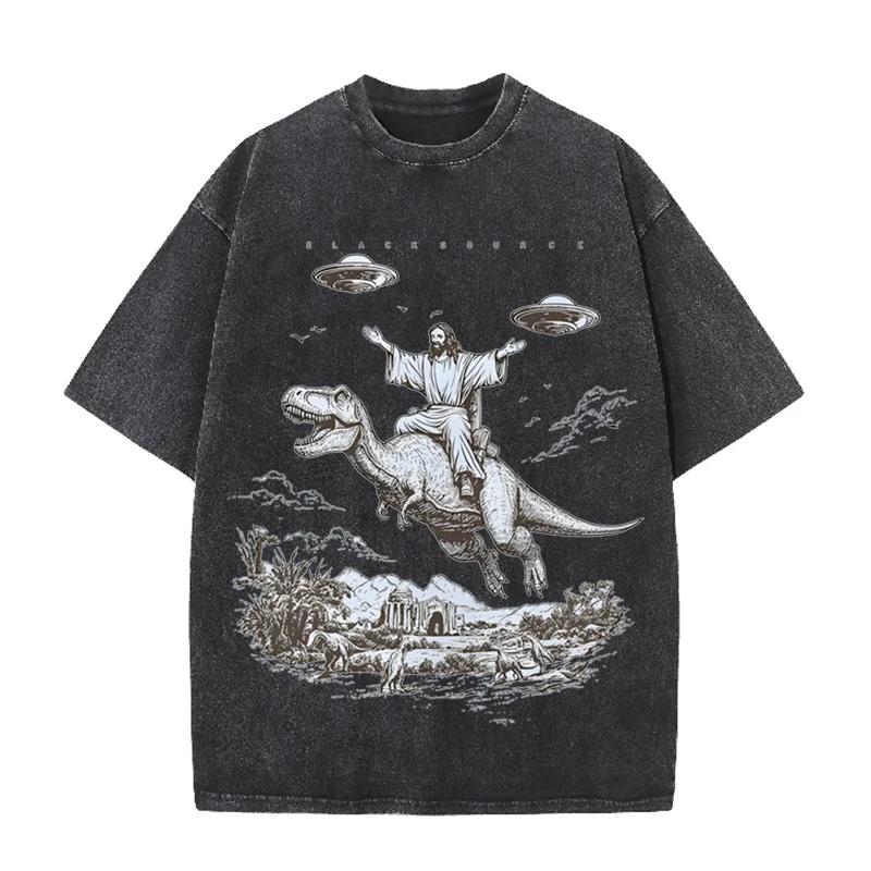 Jesus Riding Dinosaur UFO Print Vintage Washed Black T Shirt Streetwear Tee S