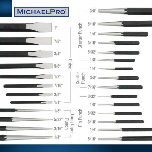 MichaelPro 27-Piece Heavy-Duty Chisel and Punch Set | Center Punch, Pin Punch, Long Taper Punch, Starter Punch, and Chisel Gauge | CR-V Steel - Includ